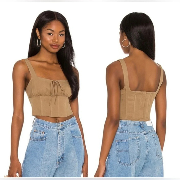 Lovers and Friends Steph Crop Top Tank Khaki Green Linen Blend Square Neck Sz XS - Picture 1 of 8